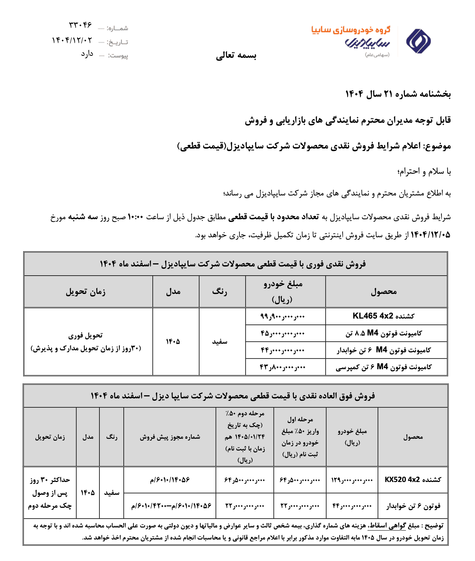 فروش نقدی و فوق العاده سایپادیزل اسفند ۱۴۰۴ با قیمت قطعی