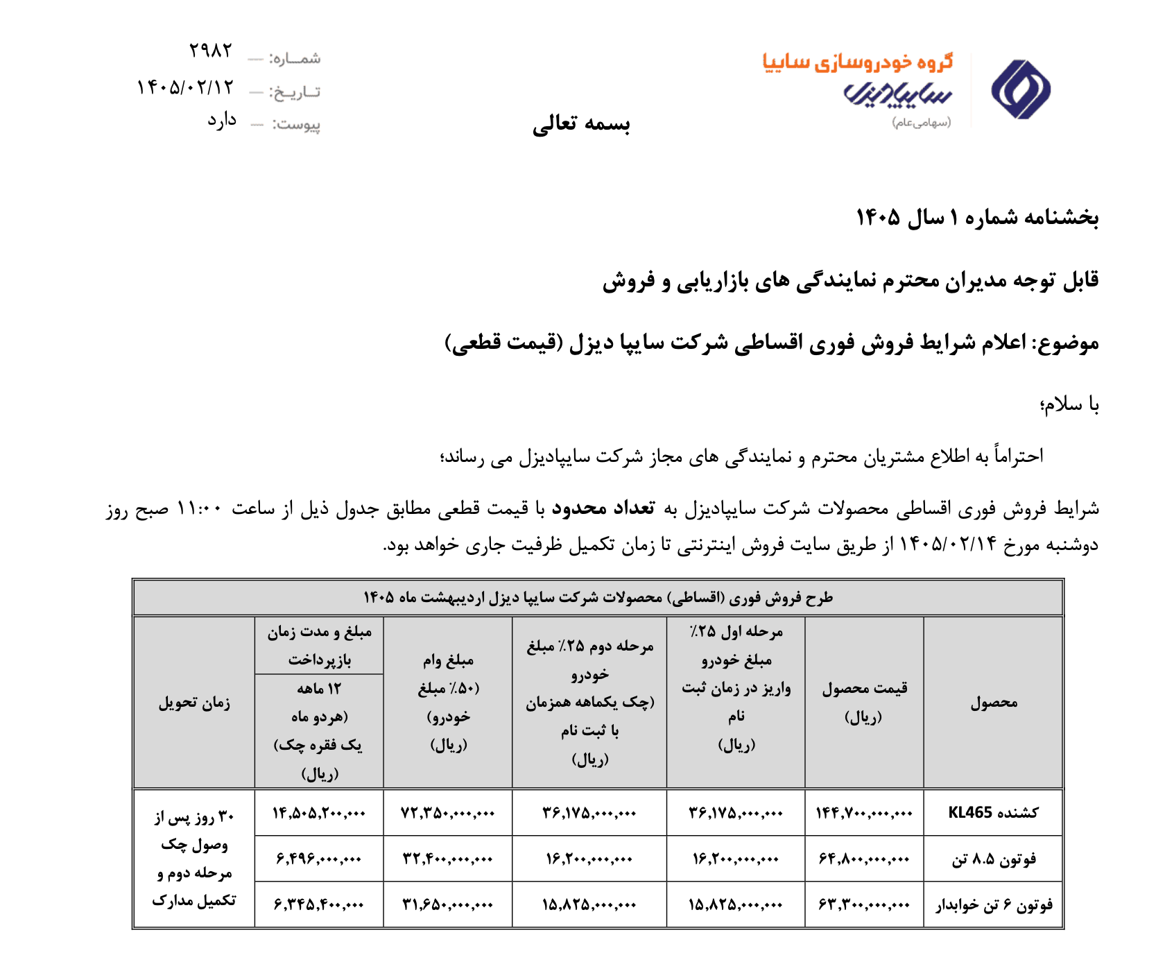 شرایط فروش فوری اقساطی سایپا دیزل اردیبهشت ۱۴۰۵