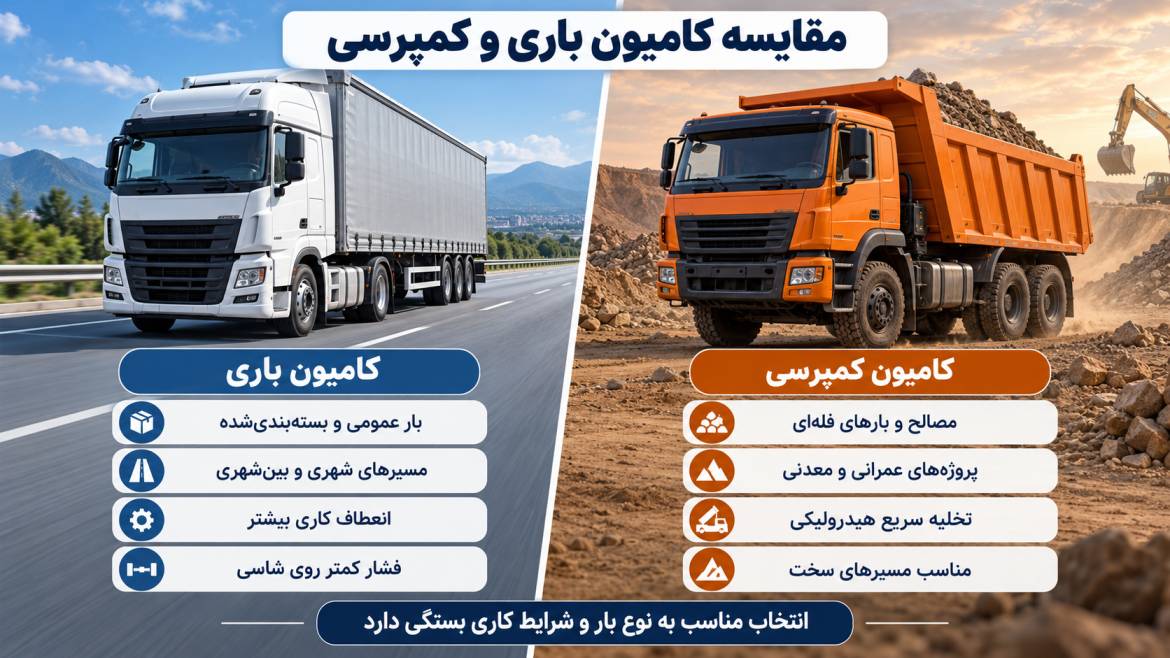 مقایسه کامیون باری و کمپرسی از نظر نوع بار، مسیر مناسب و شرایط کاری